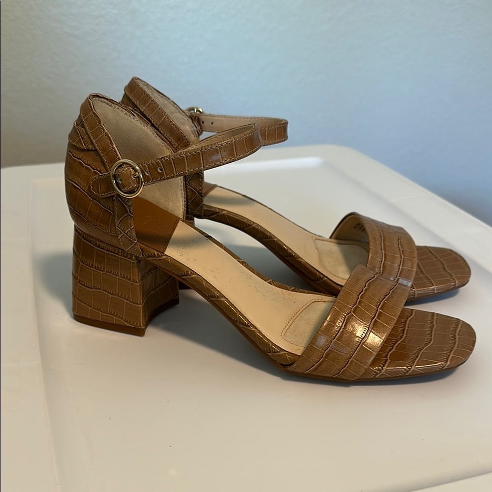 Alex Marie Tan Camel Brown Block Heel Sandals with Ankle Strap